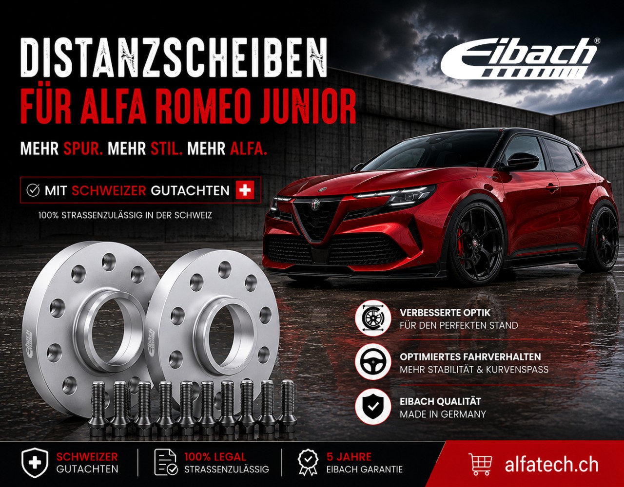 Was macht den Alfa Romeo Junior noch dynamischer? Eibach Pro-Spacer Distanzscheiben jetzt mit CH-Gutachten