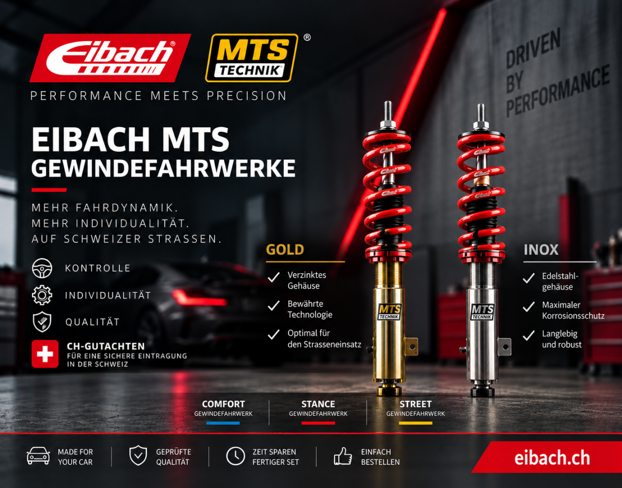 Gewindefahrwerk mit Schweizer Gutachten? Eibach MTS in Comfort, Stance und Street